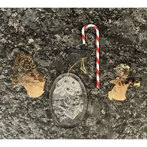 4 Vtg Christmas Ornaments Brass G. Duchin 1st Plastic 85 Tree C Cane Brass Angel